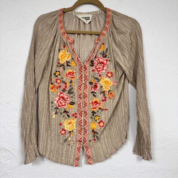 Savanna Jane Tan Floral Embroidered Blouse Womens S Boho Festival Spring Beachy - Picture 1 of 8